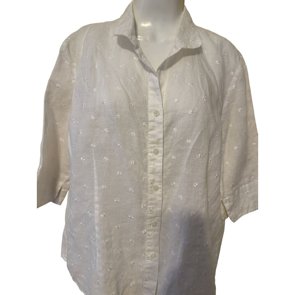 Ishyu Womens White Linen Floral Embroidered Button-Front Shirt Blouse 3/4 Sleeve